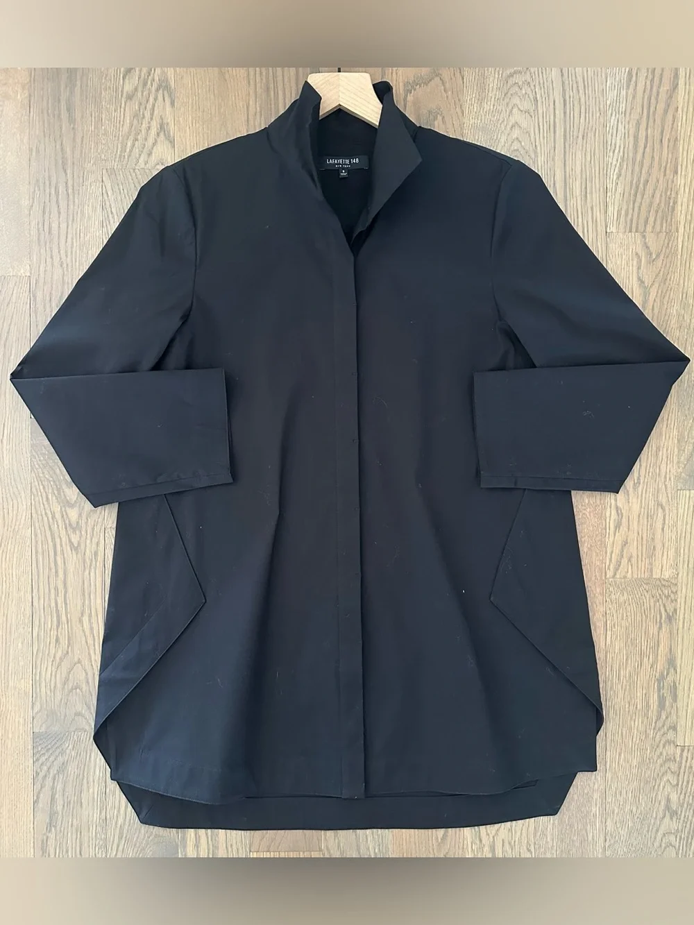 Lafayette 148 New York Cotton Poplin Stand Collar Tunic Foldover Shirt Black S - Picture 5 of 8